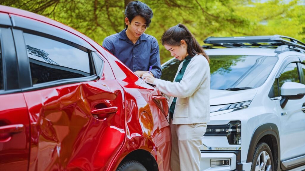 Couple documenting severe collision damage on a red sedan.