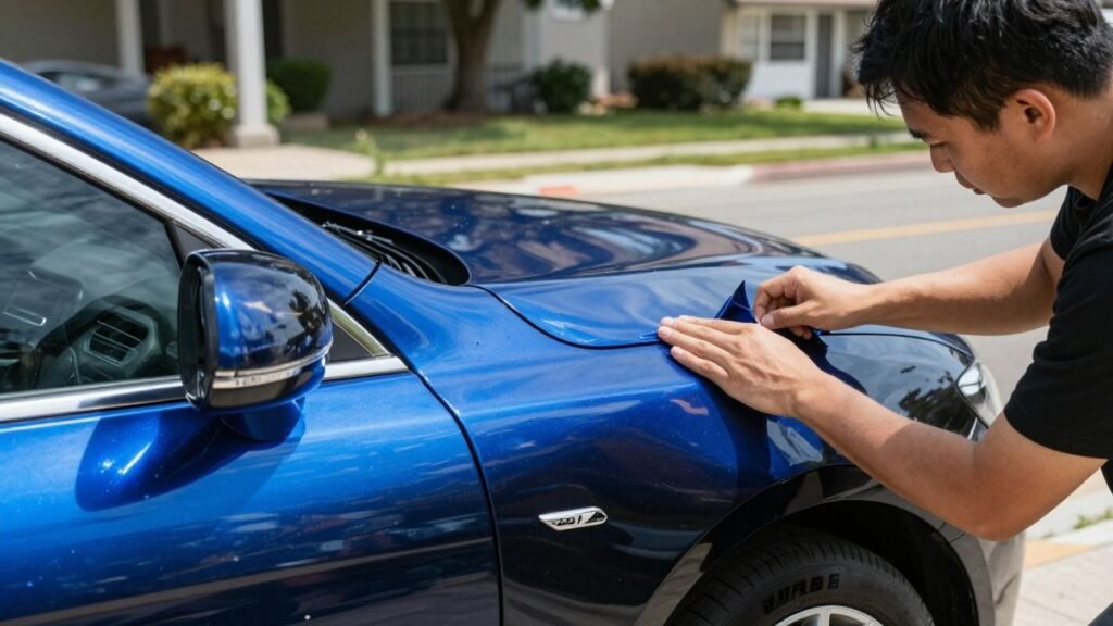 Car being wrapped in blue vinyl in Westchester, NY.